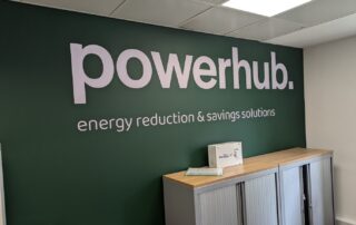 Powerhub Logo, printed onto vinyl and installed onto a green wall